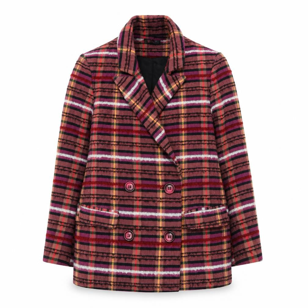 Front view of Topshop Women Red Check Double-Breasted Blazer UK 8 Wool Blend