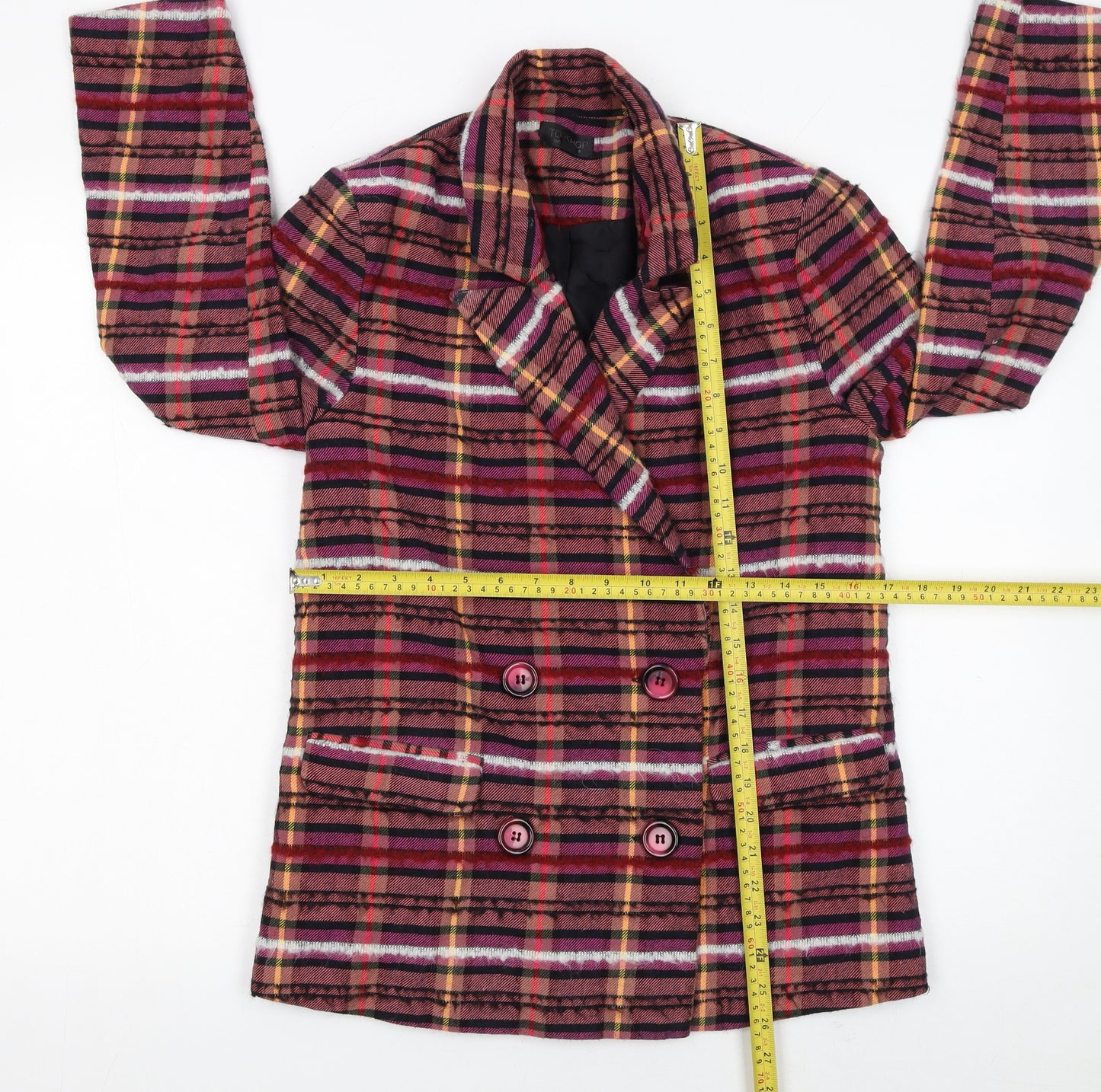 Topshop Women Red Check Double-Breasted Blazer UK 8 Wool Blend