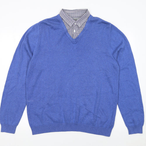 Marks and Spencer Men's Blue Cotton V-Neck Jumper XL