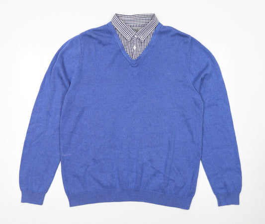 Marks and Spencer Men's Blue Cotton V-Neck Jumper XL