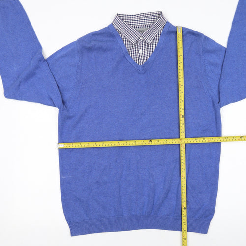 Marks and Spencer Men's Blue Cotton V-Neck Jumper XL