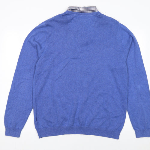 Marks and Spencer Men's Blue Cotton V-Neck Jumper XL