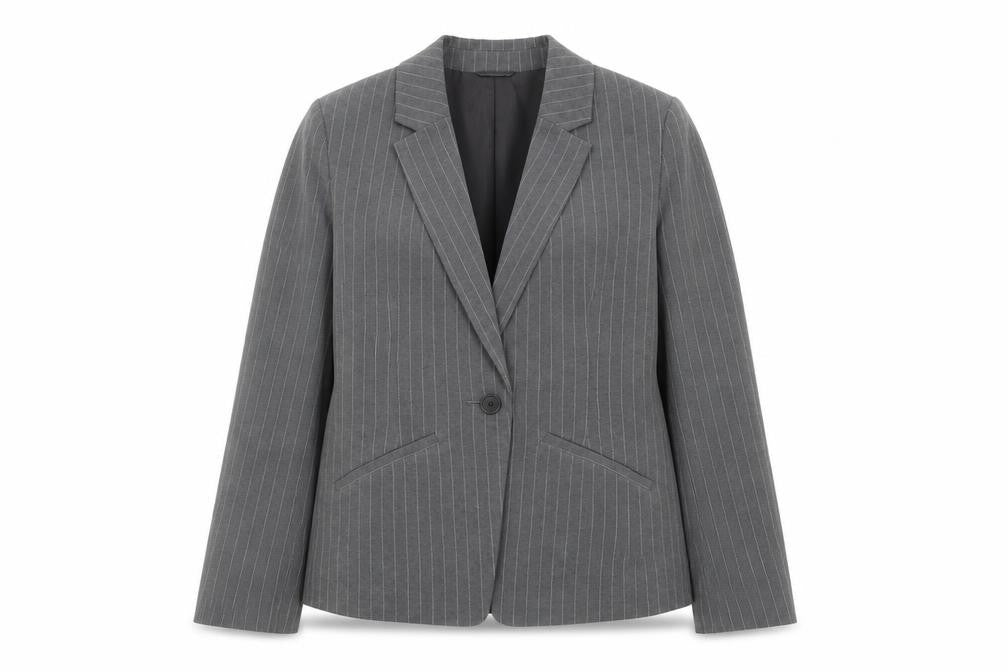 Front view of Tu Women’s Grey Pinstripe Blazer, size UK 16, Regular Fit Single-Breasted