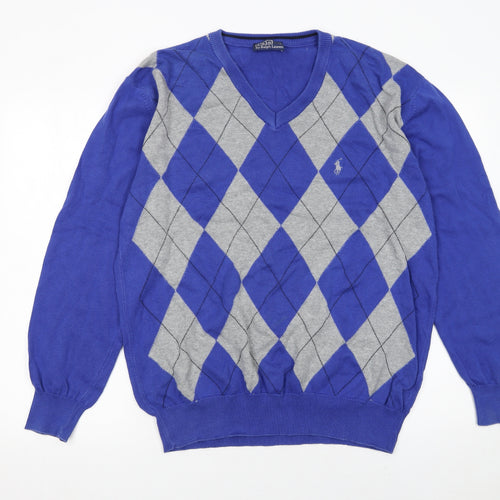 Polo Ralph Lauren Men's Blue Argyle V-Neck Cotton Jumper XL