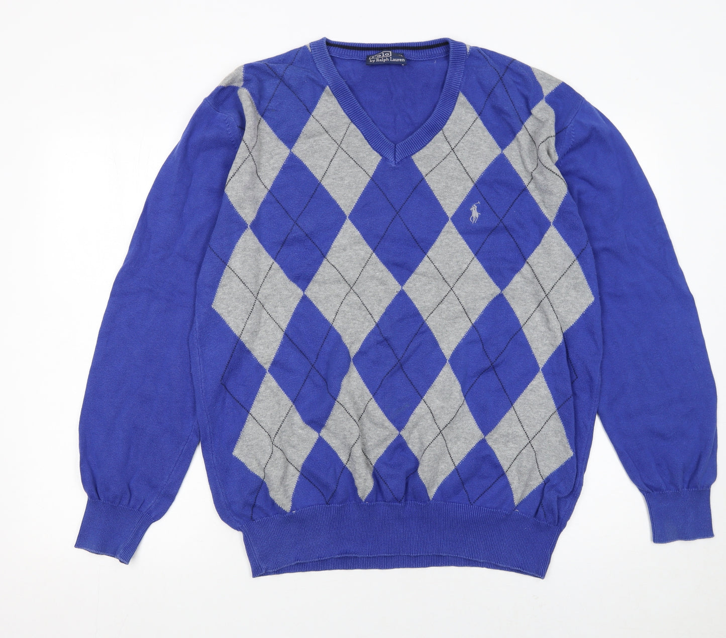 Polo Ralph Lauren Men's Blue Argyle V-Neck Cotton Jumper XL