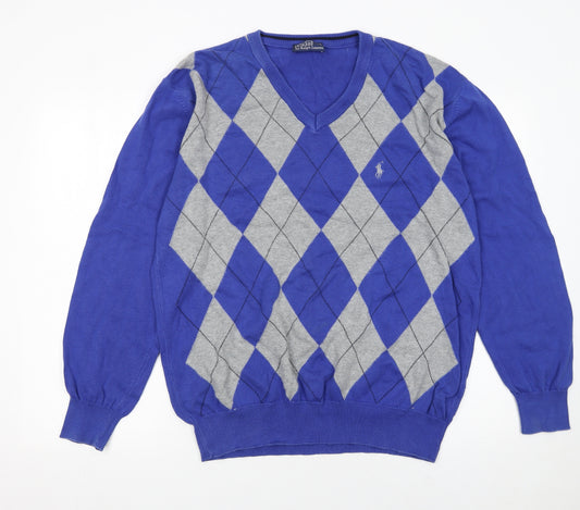 Polo Ralph Lauren Men's Blue Argyle V-Neck Cotton Jumper XL
