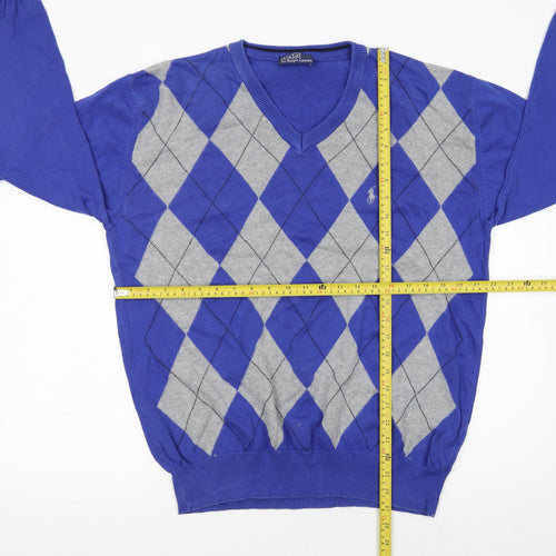 Polo Ralph Lauren Men's Blue Argyle V-Neck Cotton Jumper XL