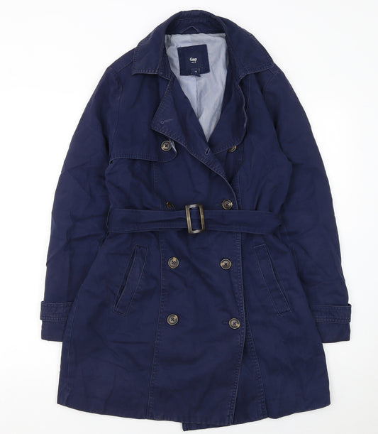 Gap Women's Blue Cotton Trench Coat XS Belted Mid-Length