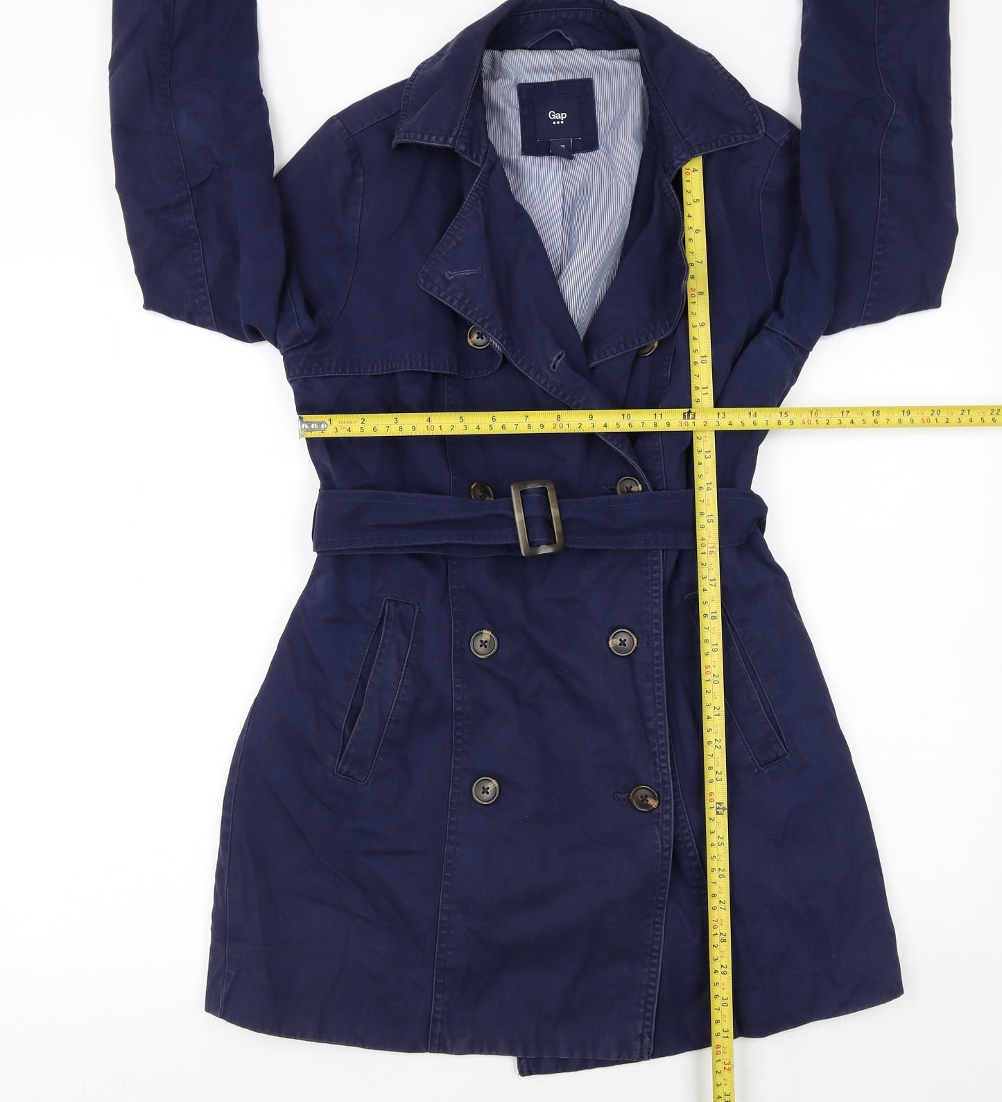 Gap Women's Blue Cotton Trench Coat XS Belted Mid-Length