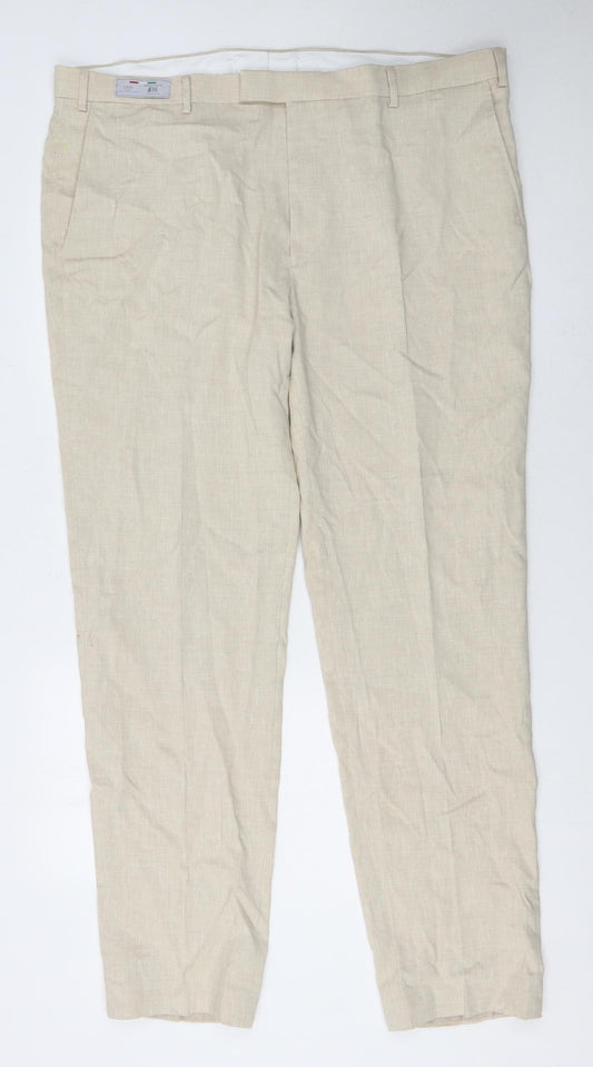 Marks and Spencer Men's Beige Linen Blend Tailored Chino Trousers Size 42 Classic Fit