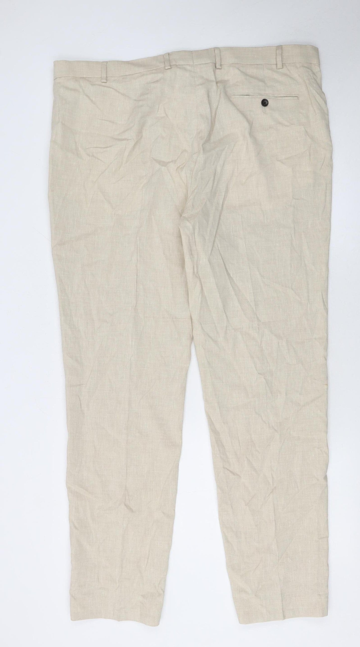 Marks and Spencer Men's Beige Linen Blend Tailored Chino Trousers Size 42 Classic Fit