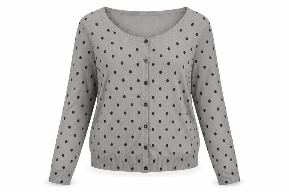Front view of La Redoute Women Grey Polka Dot Button Cardigan, size 12/14