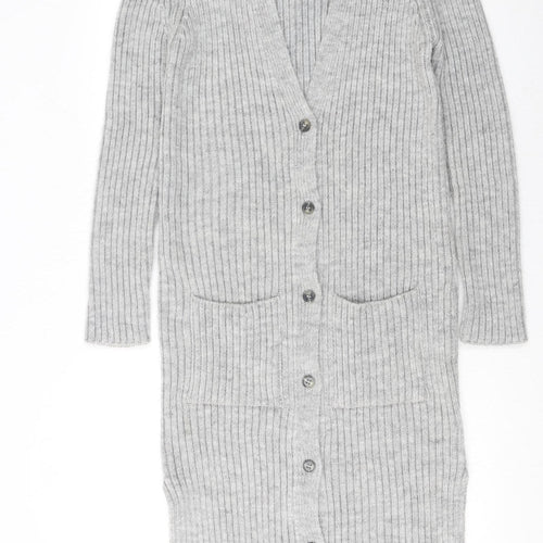 Next Womens Grey Ribbed Knit Longline V-Neck Cardigan M
