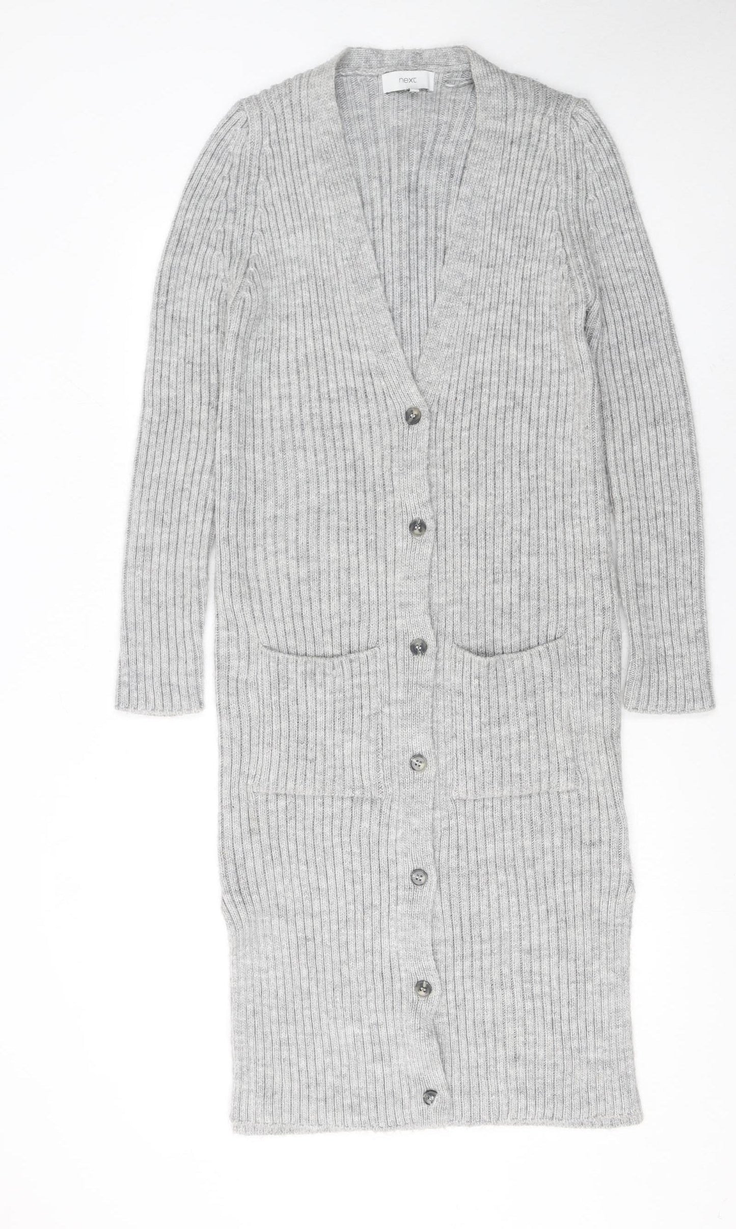 Next Womens Grey Ribbed Knit Longline V-Neck Cardigan M