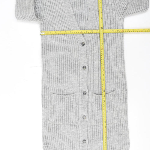 Next Womens Grey Ribbed Knit Longline V-Neck Cardigan M