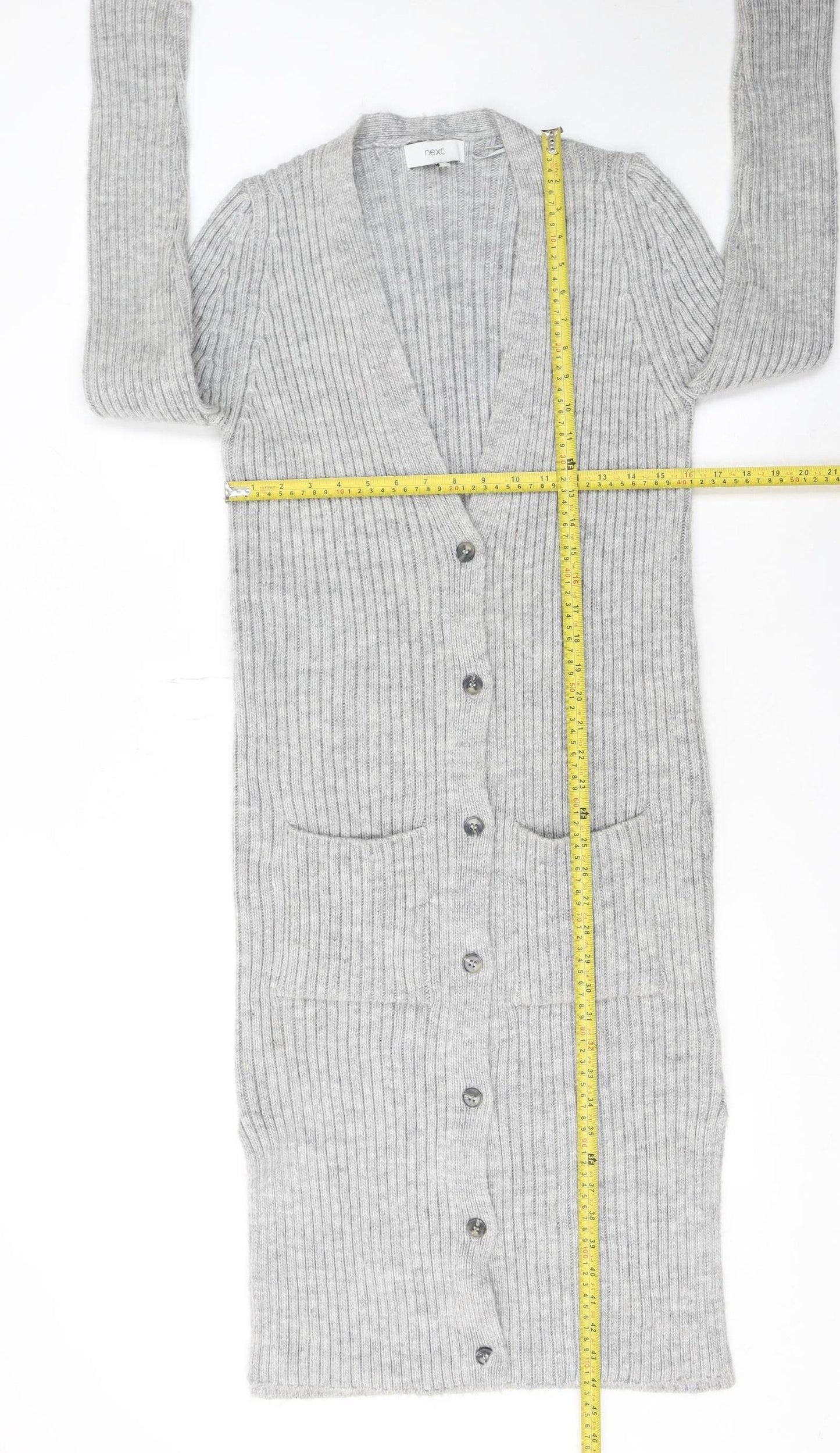 Next Womens Grey Ribbed Knit Longline V-Neck Cardigan M