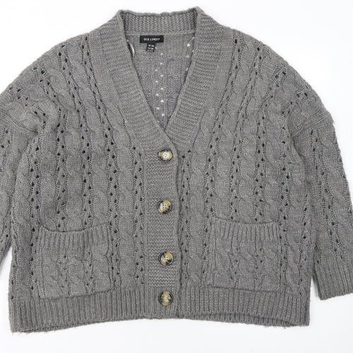QED London Women's Grey Cable Knit Long Sleeve V-Neck Cardigan S