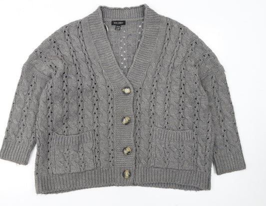 QED London Women's Grey Cable Knit Long Sleeve V-Neck Cardigan S