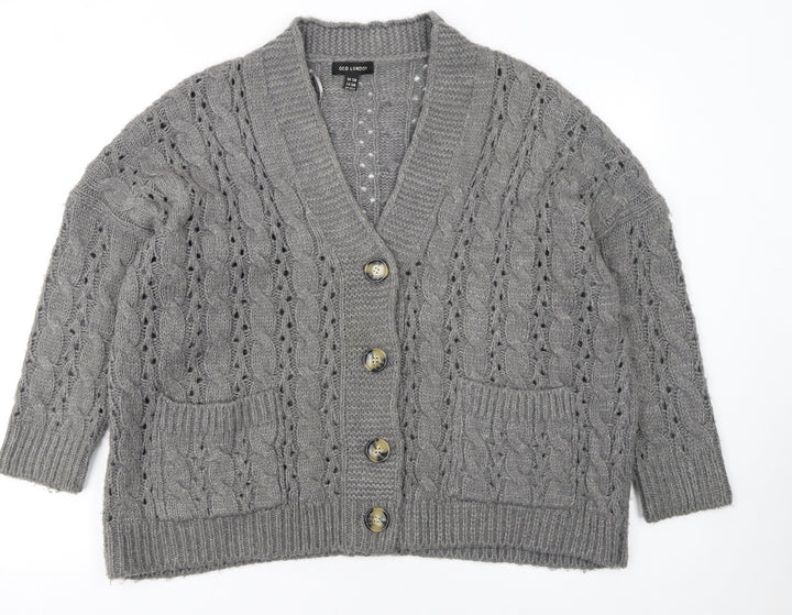 QED London Women's Grey Cable Knit Long Sleeve V-Neck Cardigan S