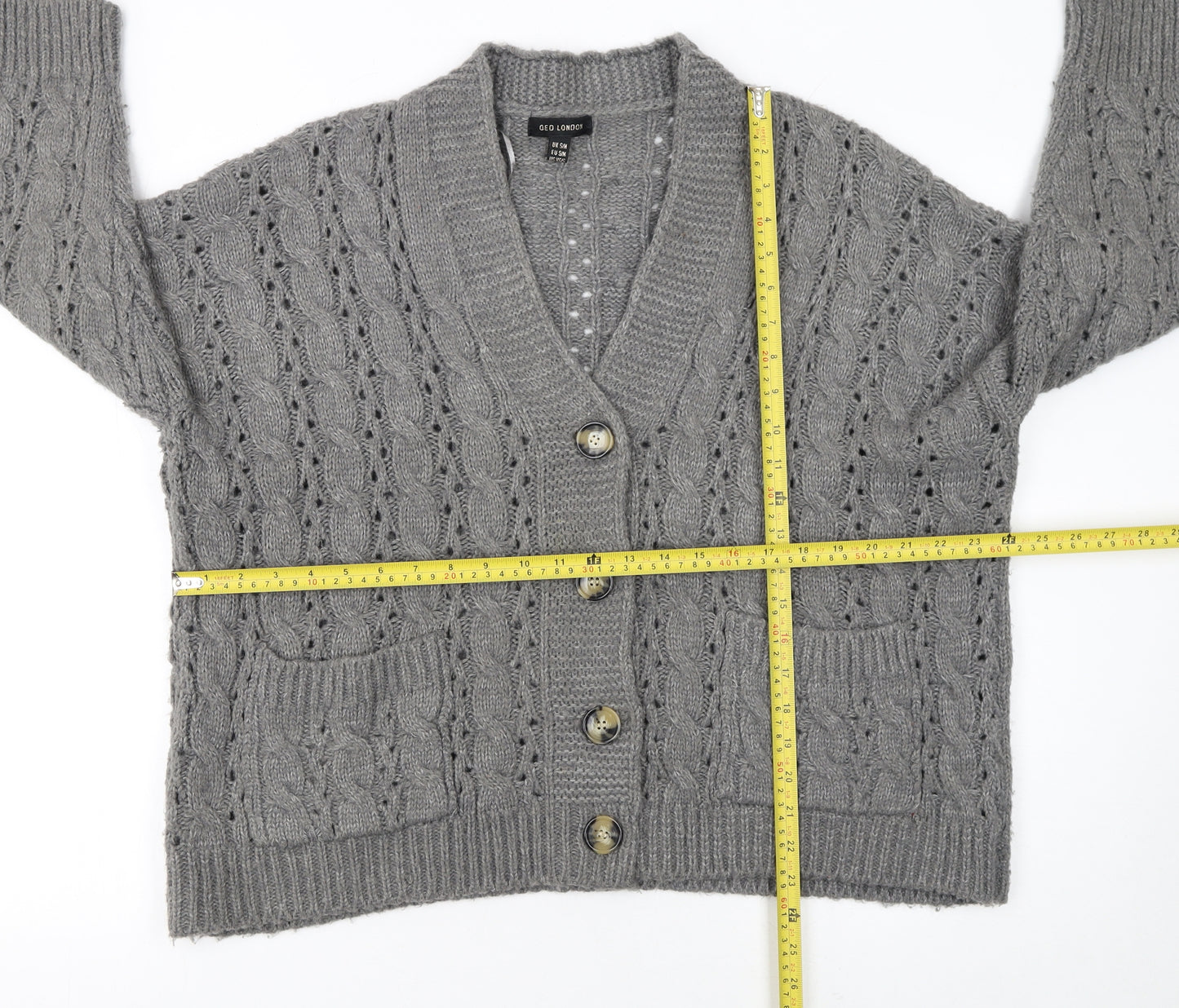 QED London Women's Grey Cable Knit Long Sleeve V-Neck Cardigan S
