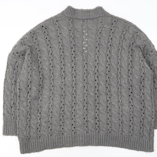 QED London Women's Grey Cable Knit Long Sleeve V-Neck Cardigan S