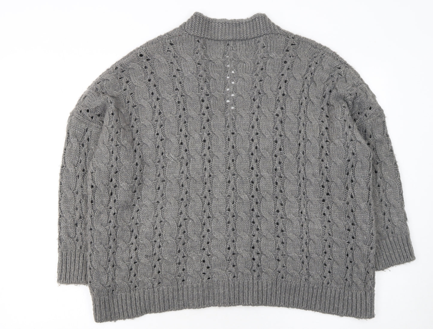 QED London Women's Grey Cable Knit Long Sleeve V-Neck Cardigan S