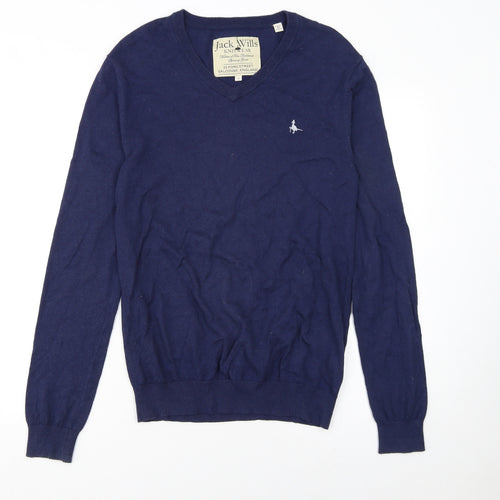Jack Wills Men's Blue V-Neck Cotton Cashmere Jumper XS