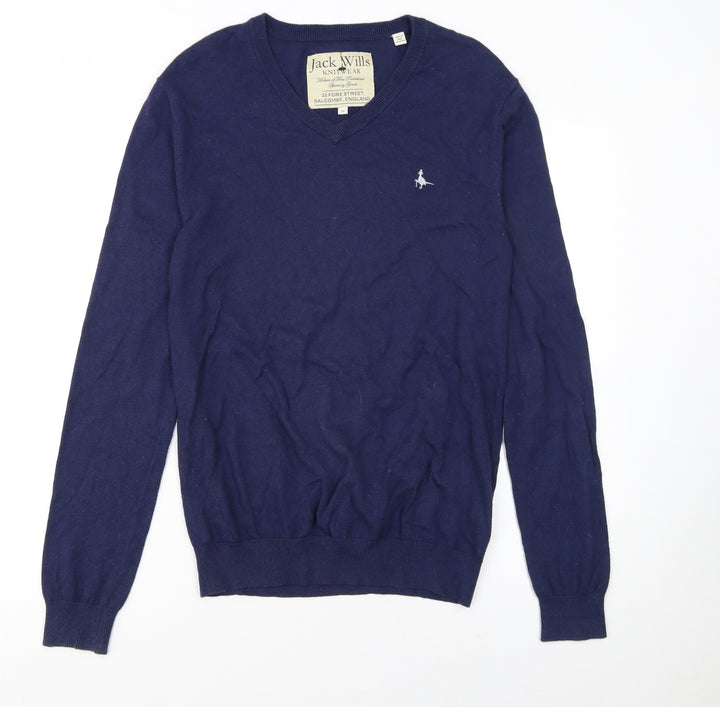 Jack Wills Men's Blue V-Neck Cotton Cashmere Jumper XS