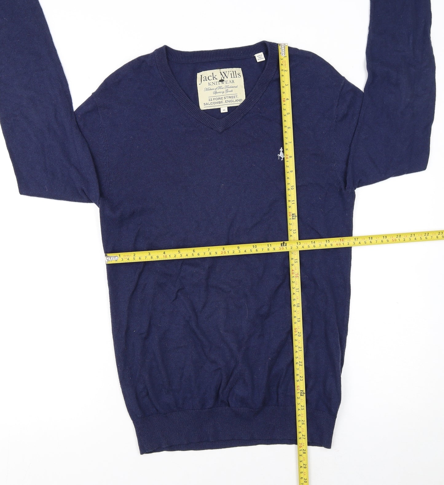 Jack Wills Men's Blue V-Neck Cotton Cashmere Jumper XS