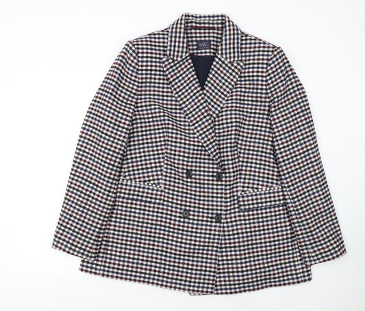 Marks and Spencer Women's Multicoloured Check Double-Breasted Tweed Blazer Size 18