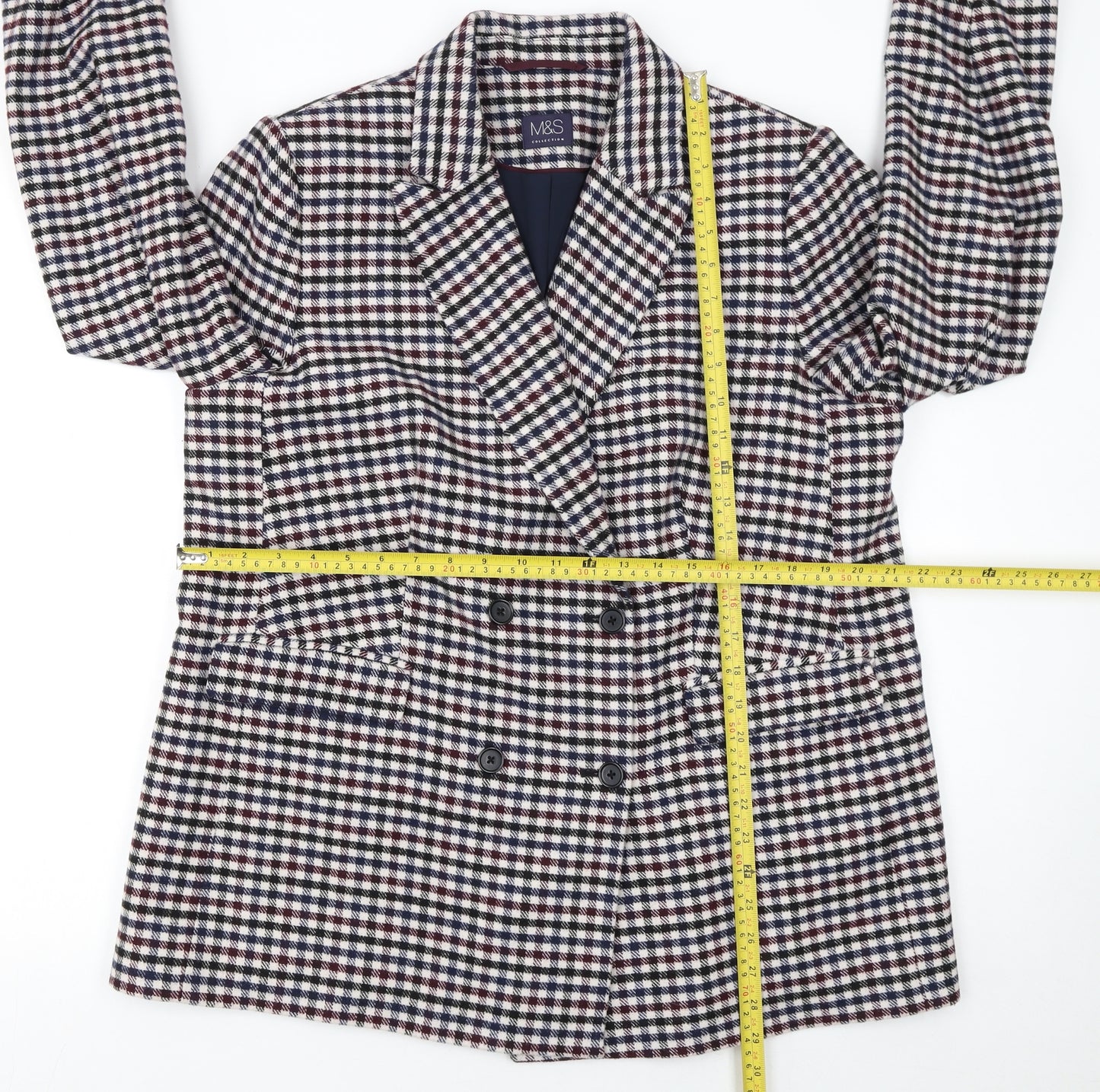 Marks and Spencer Women's Multicoloured Check Double-Breasted Tweed Blazer Size 18