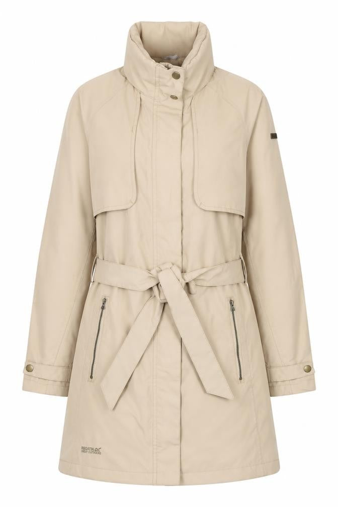 Front view of Regatta women’s beige, size UK 10, mid-length belted trench coat