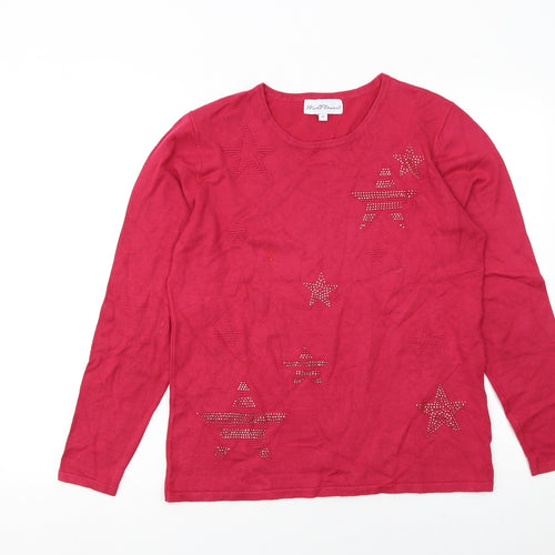 Mudflower Womens Red Star Beaded Long Sleeve Pullover Jumper M