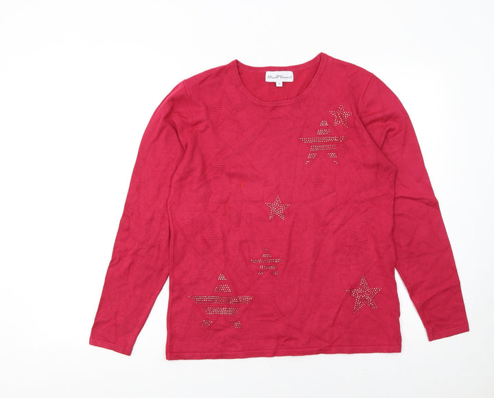 Mudflower Womens Red Star Beaded Long Sleeve Pullover Jumper M