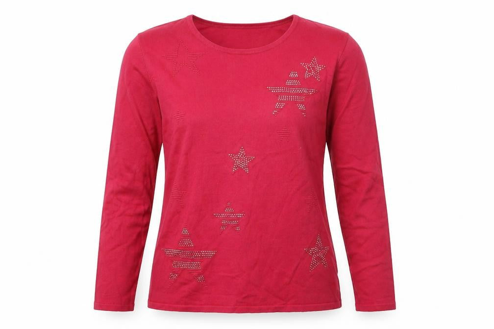 Front view of Mudflower women’s red star beaded long sleeve jumper m