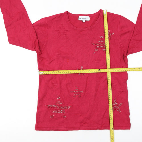 Mudflower Womens Red Star Beaded Long Sleeve Pullover Jumper M