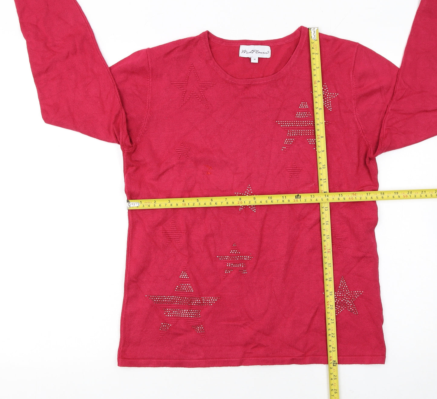 Mudflower Womens Red Star Beaded Long Sleeve Pullover Jumper M