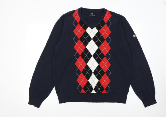 Palm Grove Men's Blue Argyle V-Neck Cotton Acrylic Jumper L