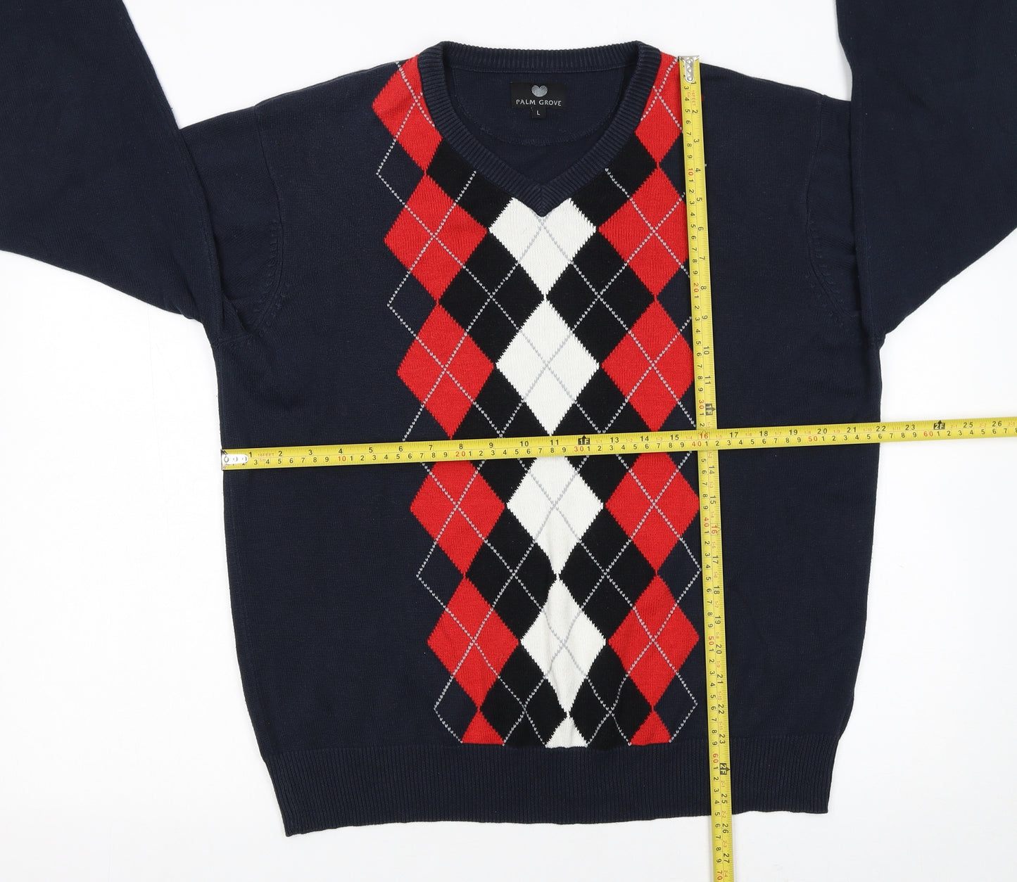 Palm Grove Men's Blue Argyle V-Neck Cotton Acrylic Jumper L