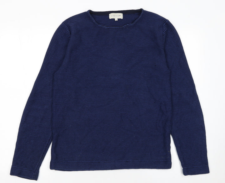 Jigsaw Men's Blue Striped Cotton Crew Neck Jumper Size S