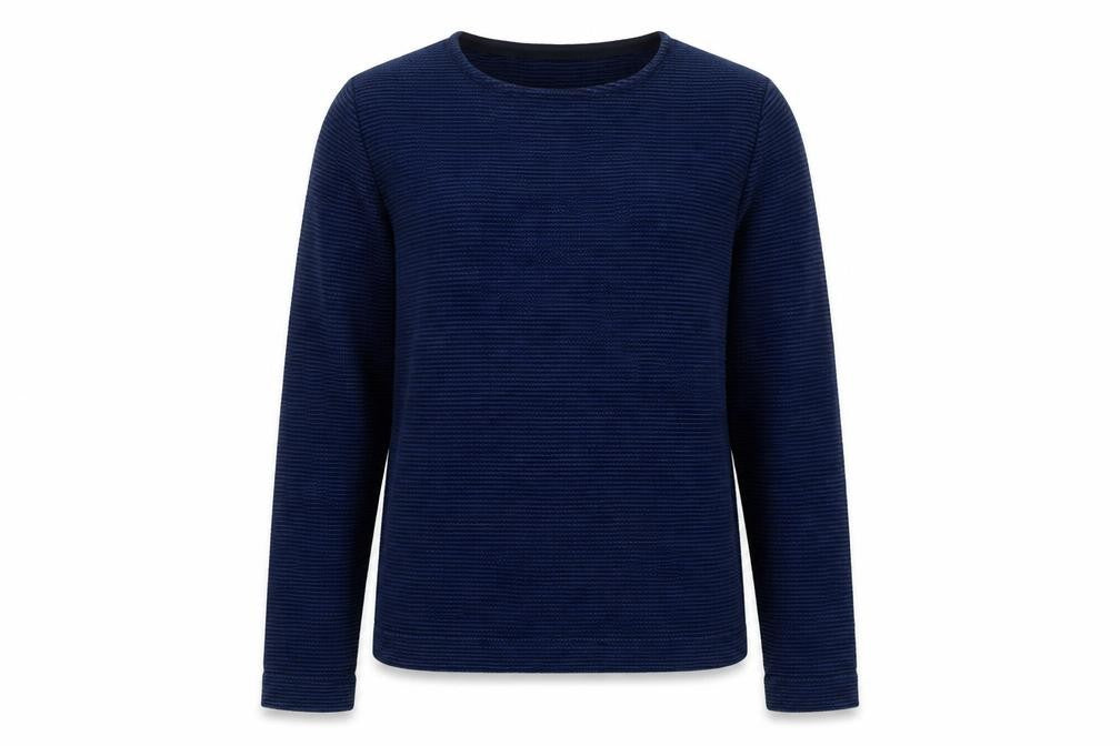 Front view of Jigsaw Men's Blue Striped Cotton Crew Neck Jumper, size S
