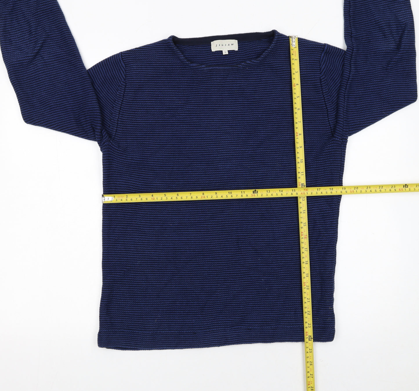 Jigsaw Men's Blue Striped Cotton Crew Neck Jumper Size S