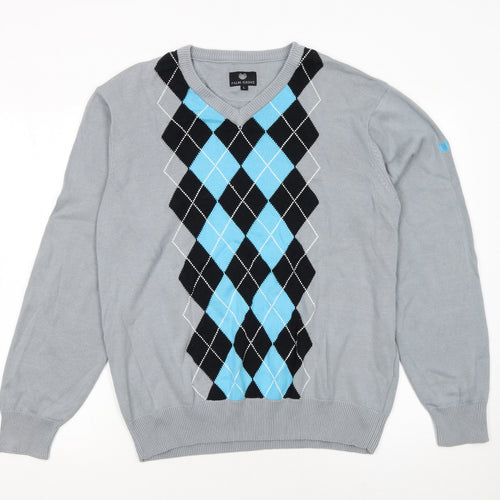Palm Grove Men's Grey Argyle V-Neck Cotton Blend Pullover Jumper L