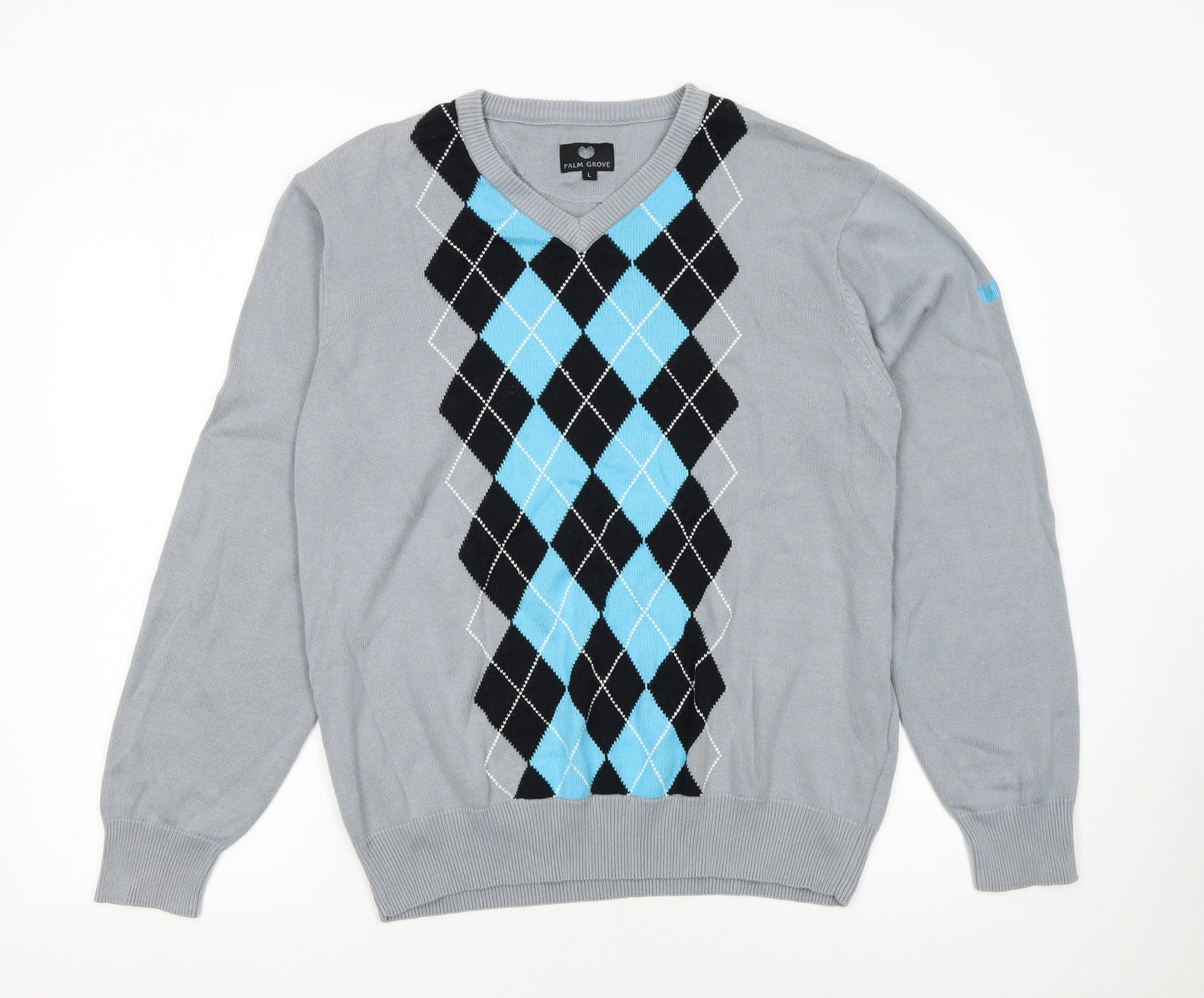 Palm Grove Men's Grey Argyle V-Neck Cotton Blend Pullover Jumper L