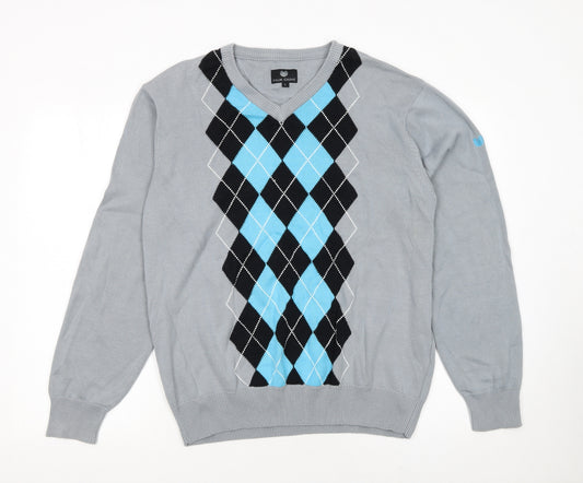 Palm Grove Men's Grey Argyle V-Neck Cotton Blend Pullover Jumper L