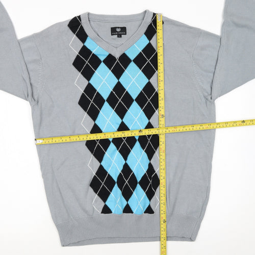 Palm Grove Men's Grey Argyle V-Neck Cotton Blend Pullover Jumper L