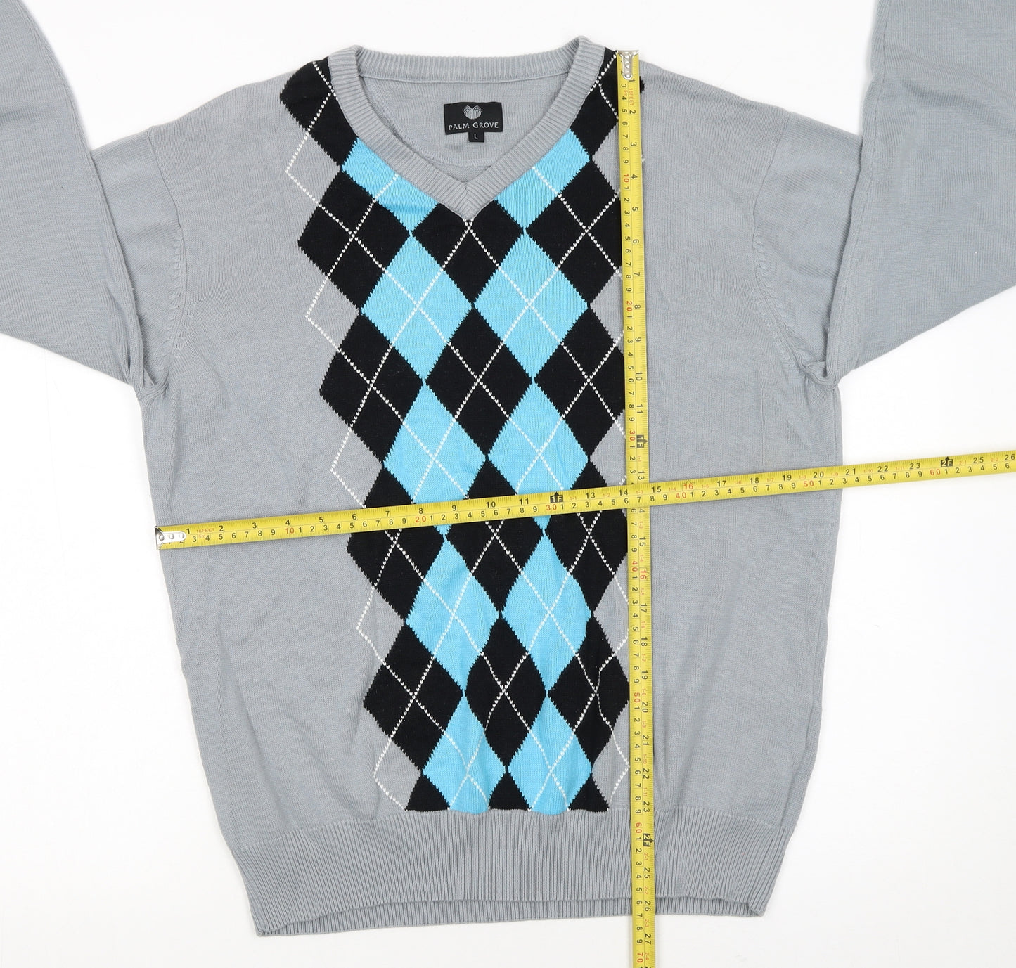 Palm Grove Men's Grey Argyle V-Neck Cotton Blend Pullover Jumper L