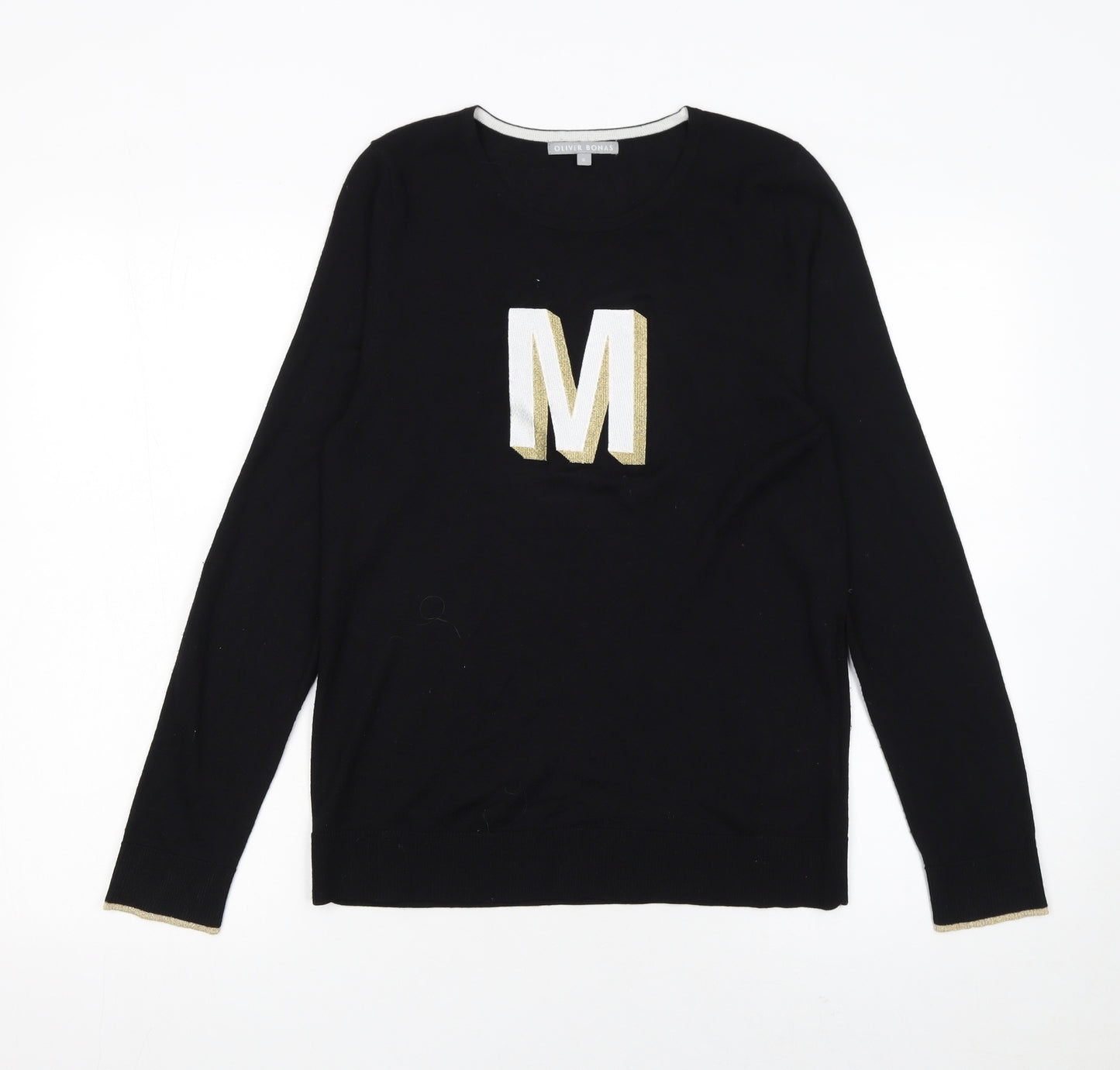 Oliver Bonas Womens Black Small Pullover Jumper with Gold M Logo