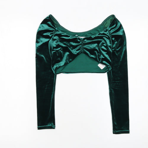 Oh Polly Women's Green Velvet Cropped Blouse Size 8 Long Sleeve