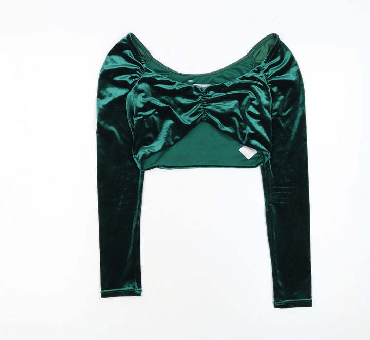 Oh Polly Women's Green Velvet Cropped Blouse Size 8 Long Sleeve